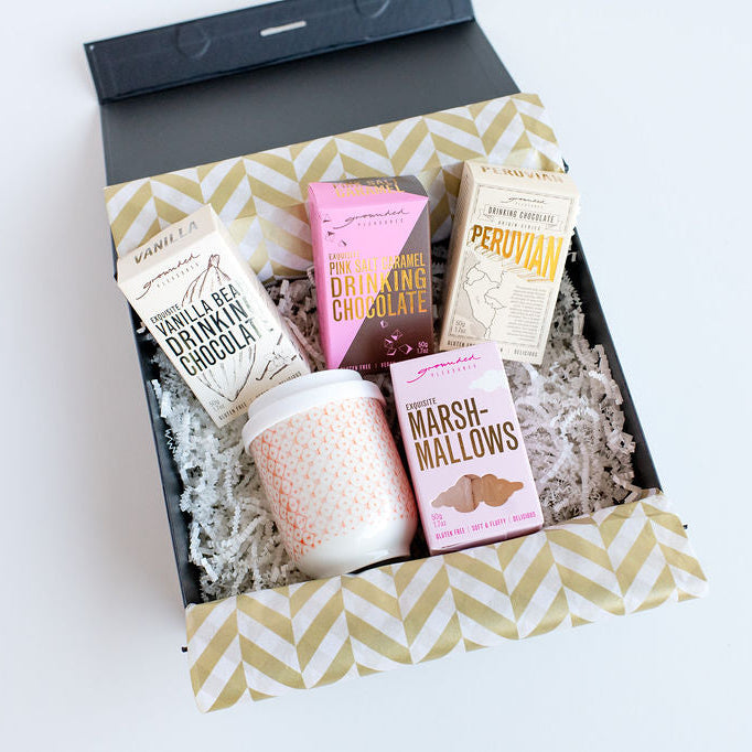Gift hamper box with luxury marshmallow, hot chocolates