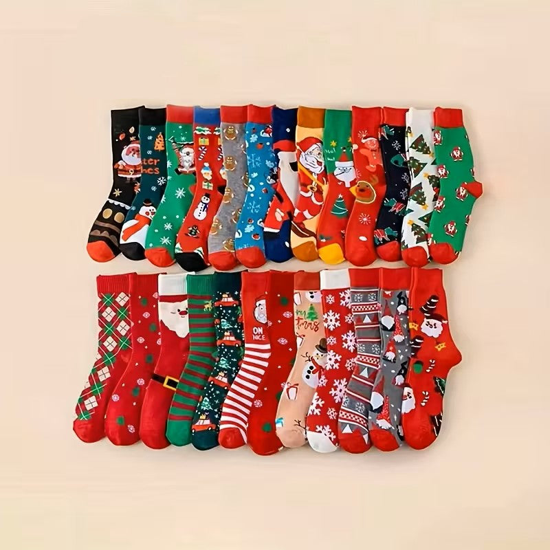 Assorted Christmas-themed socks on a beige background with &
